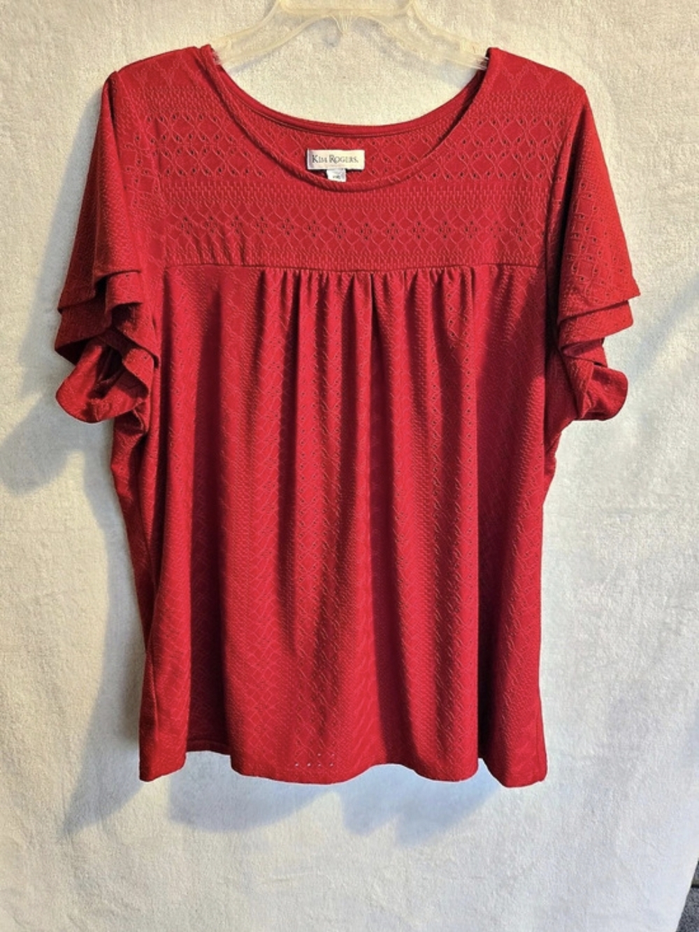 Kim Rogers Eyelet Ruffle Sleeve Blouse in Red XXL